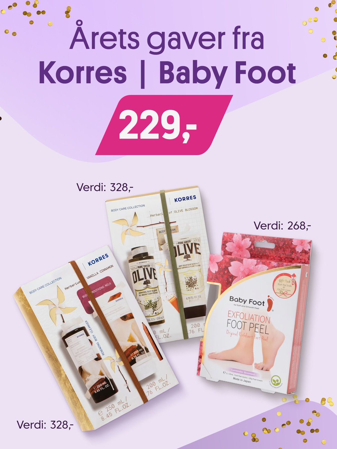 Årets gaver fra Korres og Baby foot. 