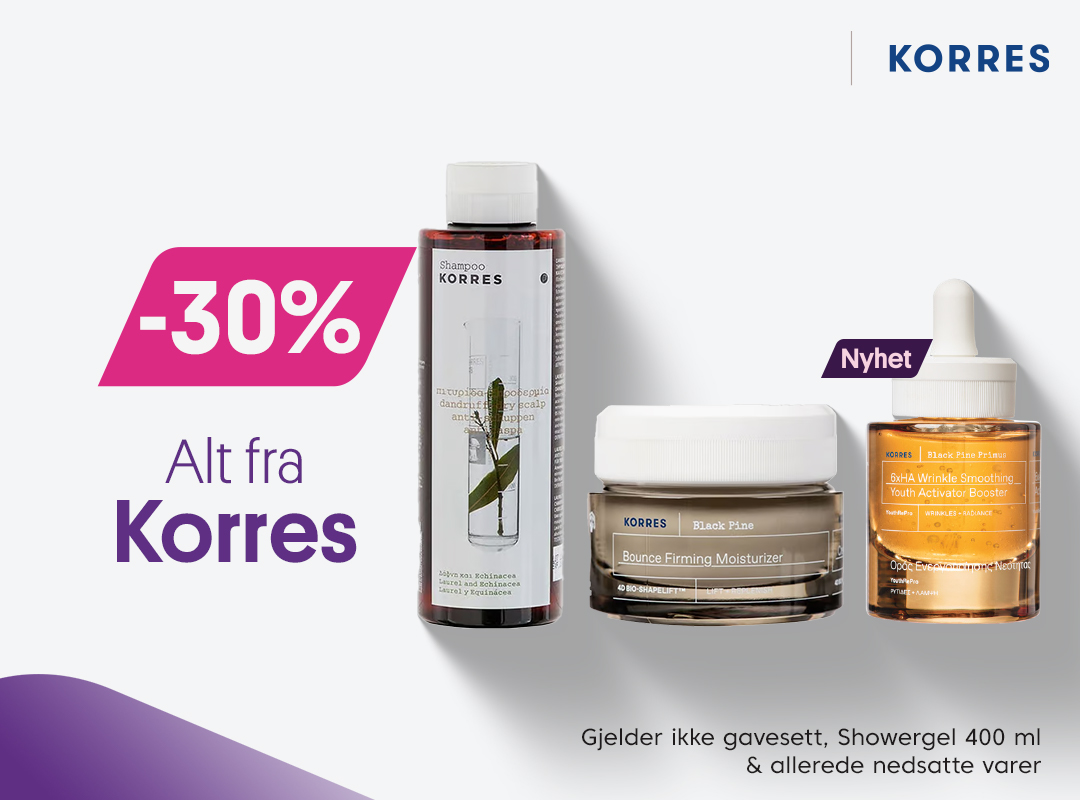 Alt fra Korres -30%. Gjelder ikke gavesett, showergel 400 ml & allerede nedsatte varer.